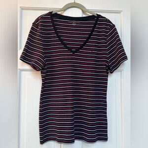 Tommy Hilfiger Women's Striped V-Neck Top - Navy, Red And White